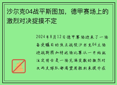 沙尔克04战平斯图加，德甲赛场上的激烈对决捉摸不定